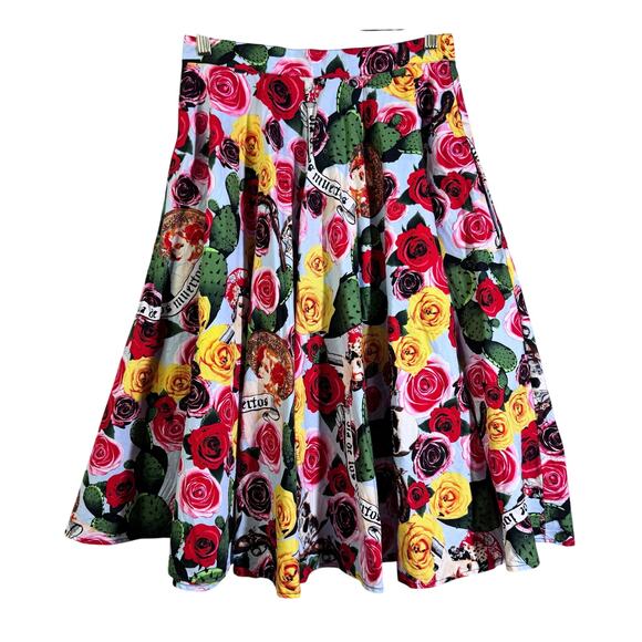 HELL BUNNY Skirt Small Dias De Los Muertos Roses A-Line Rockabilly Full Sweep - Picture 3 of 14